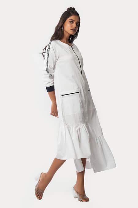 Shop Veera Wear White Cotton Round Neck Asymmetrical Hem Dress at Aza Fashions Shop_Veera Wear_White Cotton Round Neck Asymmetrical Hem Dress _at_Aza_Fashions