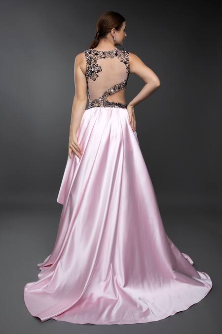 Anjum Qureshi_Pink Satin Hand Embroidered Sequin Round Asymmetrical Gown _Online_at_Aza_Fashions