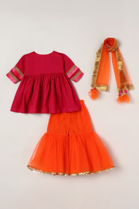 Shop_Byb Premium_Magenta Chanderi, Tulle Sequins Fringed Bodice Top Sharara Set _at_Aza_Fashions