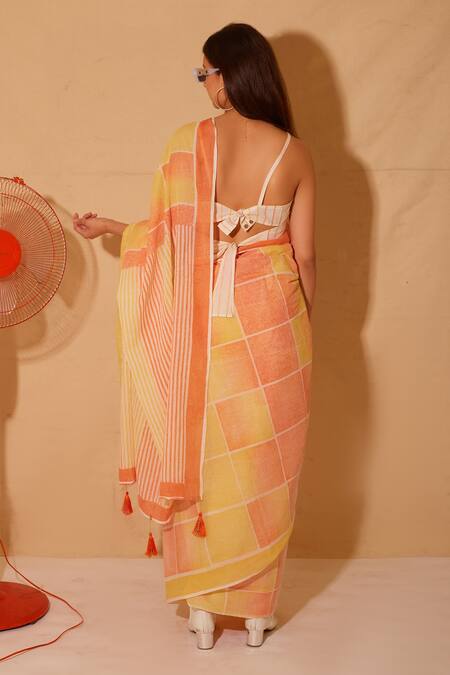 Shop_Banana Labs_Orange Cotton Hand Block Print Boxy Saree _at_Aza_Fashions