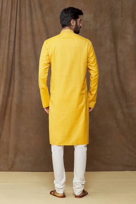 Buy_Arihant Rai Sinha_Yellow Linen, Cotton Embroidery Bright Thread Work Placket Kurta_Online_at_Aza_Fashions