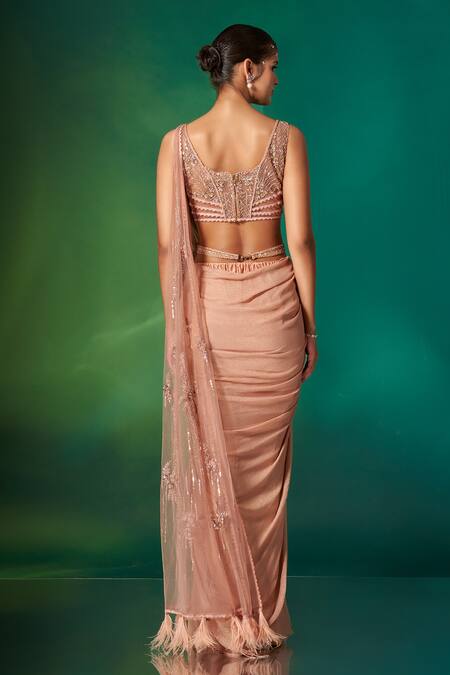Shop Stotram Peach Imported Metallic Embroidery Sequins Square Neck Hand Draped Gown at Aza Fashions Shop_Stotram_Peach Imported Metallic Embroidery Sequins Square Neck Hand Draped Gown_at_Aza_Fashions