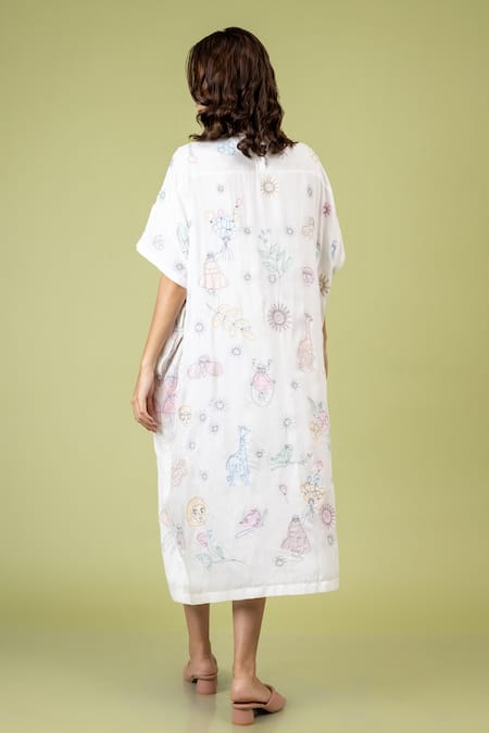 Shop Doodlage White Cotton Embroidery Round Neck Cloudwalker Abstract Oversized Kaftan Dress at Aza Fashions Shop_Doodlage_White Cotton Embroidery Round Neck Cloudwalker Abstract Oversized Kaftan Dress _at_Aza_Fashions