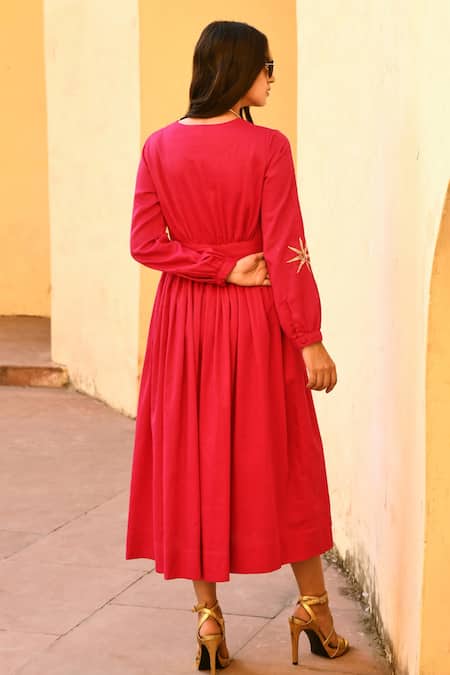Gulaal_Pink Cotton Embroidery V-neck Midi Dress _Online_at_Aza_Fashions