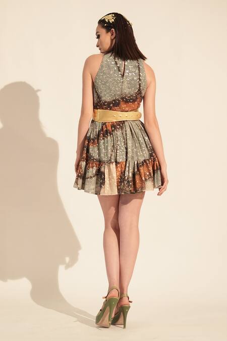 Shop_Nikita Mhaisalkar_Blue Georgette Sequins V-neck Butterfly Print And Embroidered Short Dress _at_Aza_Fashions