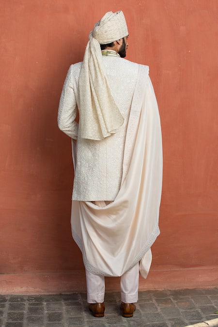 Shop_Nitika Gujral_Ivory Habutai Silk Embroidered Border Stole _at_Aza_Fashions