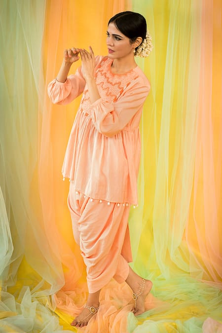 Shop Kacha Tanka Peach Kurta And Dhoti Cotton Voile Hand Embroidery Embellished Short & Pant Set at Aza Fashions Shop_Kacha Tanka_Peach Kurta And Dhoti Cotton Voile Hand Embroidery Embellished Short & Pant Set _at_Aza_Fashions