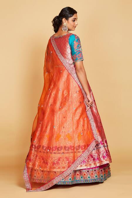 Shop Orange Organza Floral Digital Print Umbrella Lehenga Party Wear Online  at Best Price | Cbazaar