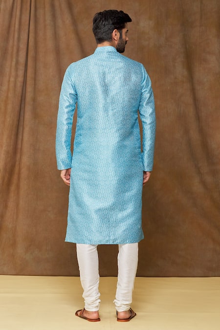 Shop_Arihant Rai Sinha_Blue Jacquard, Silk Geometric Pattern Kurta _at_Aza_Fashions
