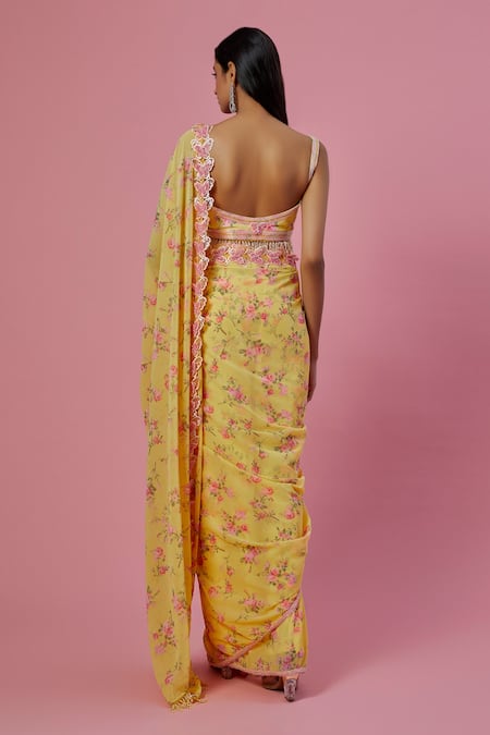 Shop Label Priyanka Kar Yellow Viscose, Georgette Beads, Embroidery Floral Print Saree With Blouse at Aza Fashions Shop_Label Priyanka Kar_Yellow Viscose, Georgette Beads, Embroidery Floral Print Saree With Blouse _at_Aza_Fashions