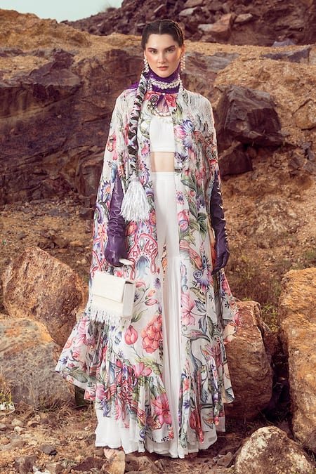 Shop Akanksha Mago Multi Color Georgette Pearls Open Neck Floral Print Cape Pleated Gharara Set at Aza Fashions Shop_Akanksha Mago_Multi Color Georgette Pearls Open Neck Floral Print Cape Pleated Gharara Set _at_Aza_Fashions