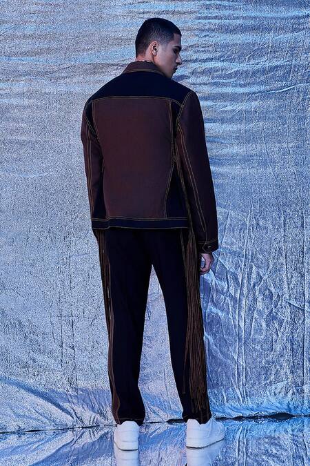 Shop Line Out Line Black Cotton Embroidered Thread Stitch Work Fringe Tasselled Bomber Jacket at Aza Fashions Shop_Line Out Line_Black Cotton Embroidered Thread Stitch Work Fringe Tasselled Bomber Jacket_at_Aza_Fashions