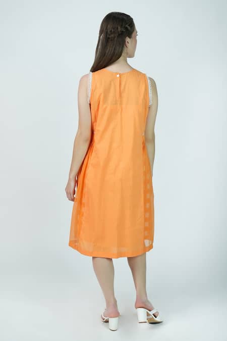 Jyoti Bansal_Orange Cotton Applique Round Neck Sweet Sunset Pleated Placket Tunic _Online_at_Aza_Fashions
