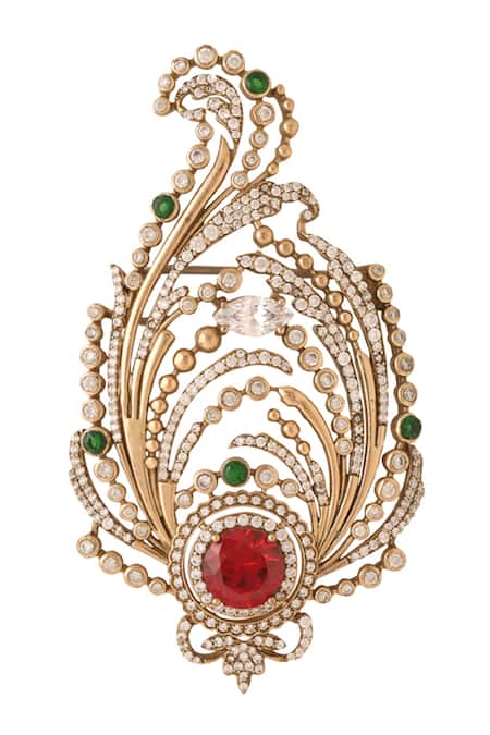Shop_Cosa Nostraa_Gold Stones Paisley Brooch _at_Aza_Fashions