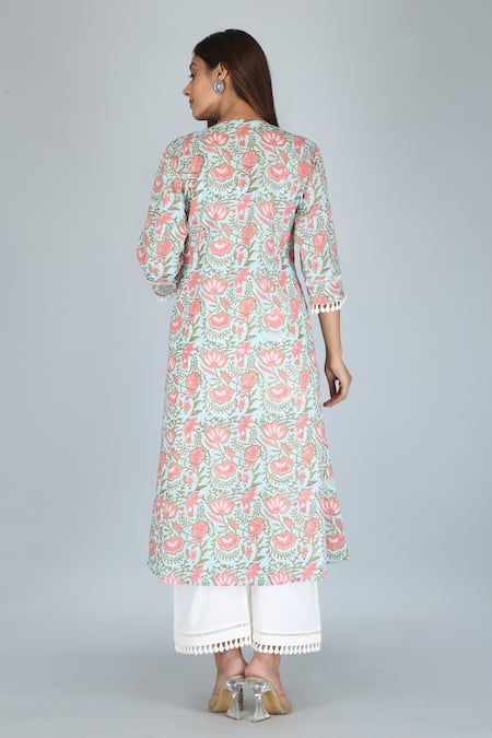 Shop_Kalakaari By Sagarika_Green Cotton Lace Keyhole Neck Flower Print Kurta And Palazzo Set _at_Aza_Fashions