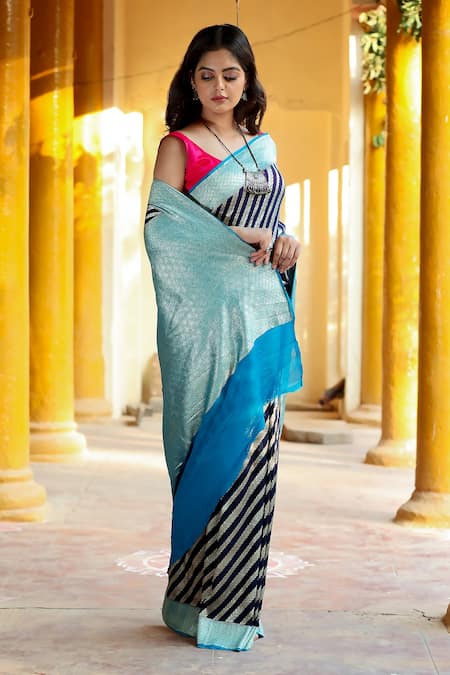 Shop_Naaritva India_Blue Handloom Cotton, Chiffon Zari Banarasi Handwoven Saree _at_Aza_Fashions