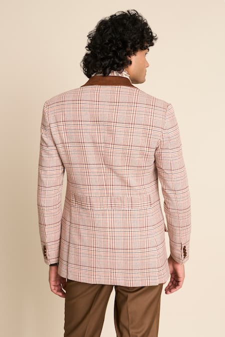 Shop_Gargee Designers_Beige Cotton, Viscose Checkered Pattern Single Breasted Blazer _at_Aza_Fashions