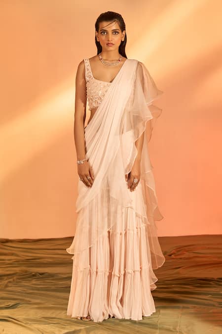 Shop J By Jannat Pink Crepe Hand Embroidery Pre-draped Sharara Saree With Blouse at Aza Fashions Shop_J By Jannat_Pink Crepe Hand Embroidery Pre-draped Sharara Saree With Blouse _at_Aza_Fashions