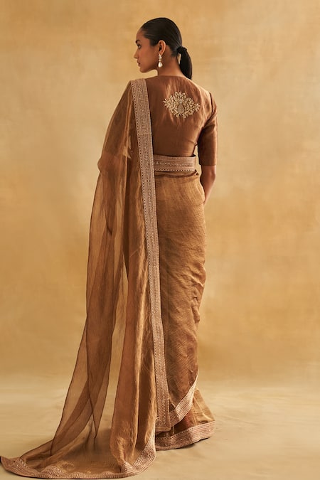 Shop Taisha Gold Silk Embroidery V-neck Pure Zari Tissue Blouse at Aza Fashions Shop_Taisha_Gold Silk Embroidery V-neck Pure Zari Tissue Blouse _at_Aza_Fashions