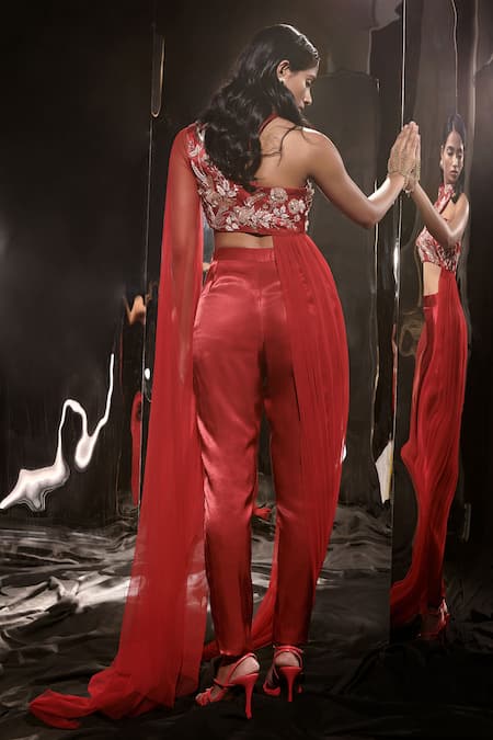 Masumi Mewawalla Flower Embroidered Drape Blouse With Pant 