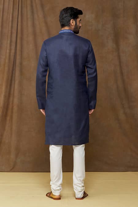 Shop_Arihant Rai Sinha_Blue Linen, Cotton Embroidery Floral Placket Kurta _at_Aza_Fashions