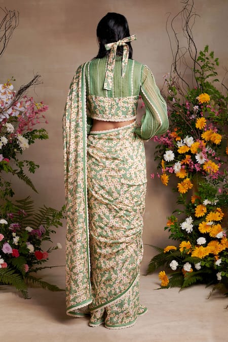 Shop SHASHA GABA Green Viscose, Organza, Modal, Satin Lace Printed Flourish Saree With Blouse at Aza Fashions Shop_SHASHA GABA_Green Viscose, Organza, Modal, Satin Lace Printed Flourish Saree With Blouse _at_Aza_Fashions