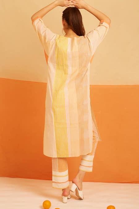 Shop Banana Labs White Cotton Round Neck Apricot Hand Block Striped Print Kurta Pant Set at Aza Fashions Shop_Banana Labs_White Cotton Round Neck Apricot Hand Block Striped Print Kurta Pant Set _at_Aza_Fashions