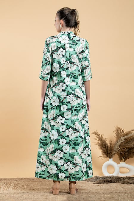 Shop Divi By Sonal Khandelwal Green Cotton Collared Wild Apple Print Long Shirt And Pant Set at Aza Fashions Shop_Divi By Sonal Khandelwal_Green Cotton Collared Wild Apple Print Long Shirt And Pant Set _at_Aza_Fashions