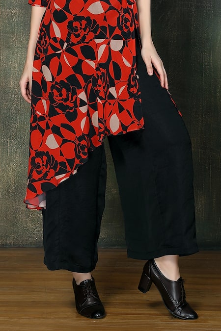 Shop Whimsical By Shica Red Organza, Satin V-neck Floral Print Wrap Kurta at Aza Fashions Shop_Whimsical By Shica_Red Organza, Satin V-neck Floral Print Wrap Kurta _at_Aza_Fashions