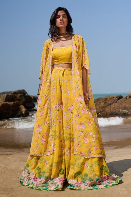 Shop Lashkaraa Yellow Georgette Embroidery, Zari, Sequins Scoop Floral Jacket Sharara Set at Aza Fashions Shop_Lashkaraa_Yellow Georgette Embroidery, Zari, Sequins Scoop Floral Jacket Sharara Set _at_Aza_Fashions