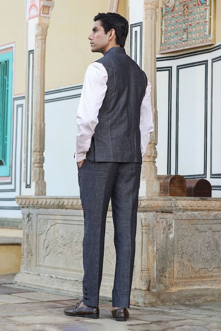 Shop_Raw & Rustic By Niti Bothra_Grey Linen Embroidery Thread Work Bundi And Pant Set _at_Aza_Fashions