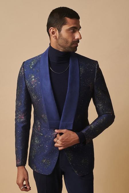 Shop Philocaly Blue Wool, Silk Nebula Textured Tuxedo at Aza Fashions Shop_Philocaly_Blue Wool, Silk Nebula Textured Tuxedo_at_Aza_Fashions