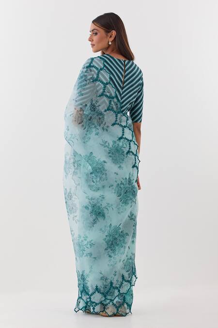 Shop_Amisha Kothari_Blue Organza, Embroidery High Neck Dori Border Saree _at_Aza_Fashions
