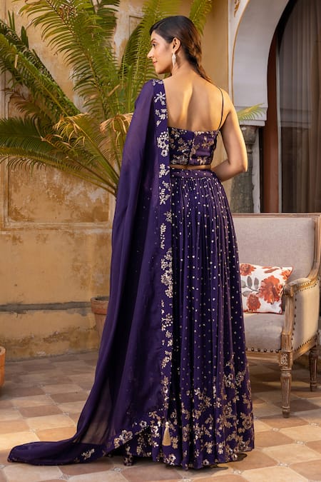 Shop Suruchi Parakh Purple Georgette Sequins, Embroidery V-neck Lehenga Set at Aza Fashions Shop_Suruchi Parakh_Purple Georgette Sequins, Embroidery V-neck Lehenga Set _at_Aza_Fashions
