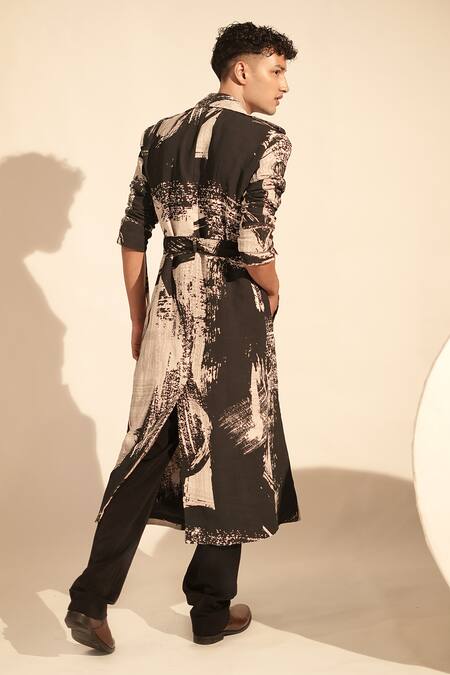 Shop_Nikita Mhaisalkar_Black Georgette Brush Stroke Print Trench Jacket _at_Aza_Fashions