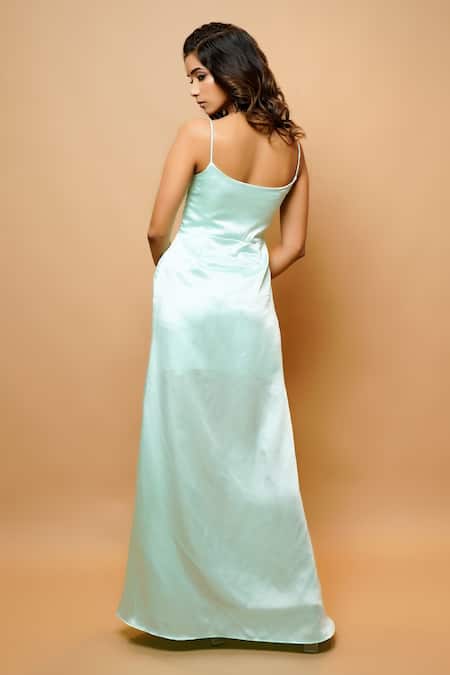 Shop_Ahi Clothing_Green Imported Satin Lining Shatoon Cutdana, Strappy Neckline Embroidered Gown _at_Aza_Fashions