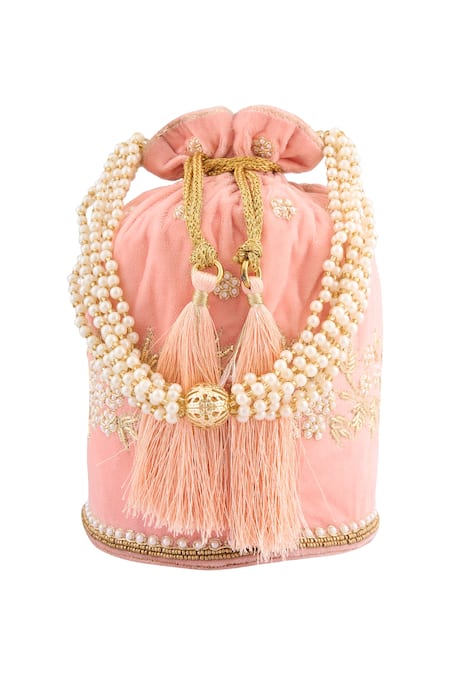 Shop Nazaakat By Samara Singh Peach Embroidery Velvet Potli at Aza Fashions Shop_Nazaakat By Samara Singh_Peach Embroidery Velvet Potli _at_Aza_Fashions