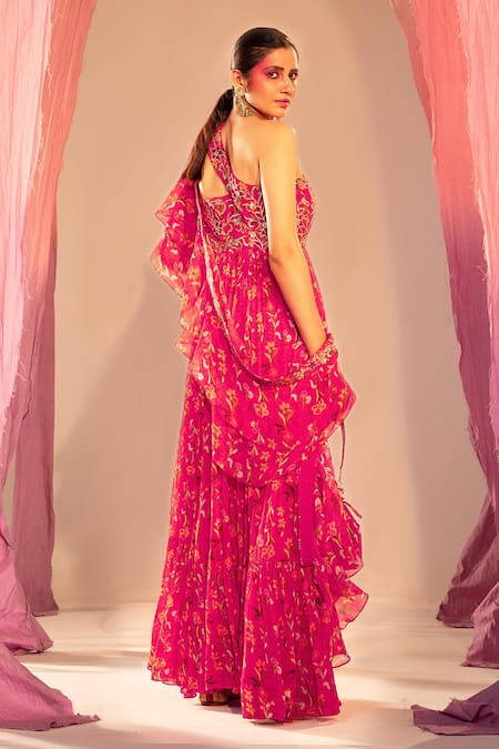 Shop_Silky Bindra_Pink Georgette Embroidery, One Shoulder Floral Print Anarkali With Dupatta _at_Aza_Fashions