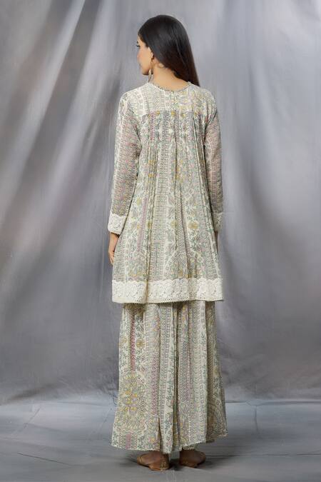 Shop Aksh Ivory Georgette, Taffeta Lace Round Neck Kantha Print Kurta Sharara Set at Aza Fashions Shop_Aksh_Ivory Georgette, Taffeta Lace Round Neck Kantha Print Kurta Sharara Set_at_Aza_Fashions