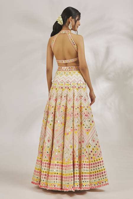 Shop_Gopi Vaid_Ivory Blouse Tussar Embroidery Chevron V Neck Adara Mirror Lehenga Set _at_Aza_Fashions