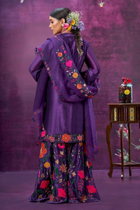 Shop Label Niti Bothra Purple Kora Silk Mughal Round Applique Kurta Sharara Set at Aza Fashions Shop_Label Niti Bothra_Purple Kora Silk Mughal Round Applique Kurta Sharara Set _at_Aza_Fashions