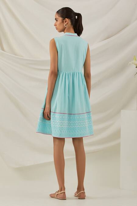 Shop The Indian Cause Blue Cotton Embroidery Bandeau Neck Amore Hem Dress at Aza Fashions Shop_The Indian Cause_Blue Cotton Embroidery Bandeau Neck Amore Hem Dress_at_Aza_Fashions