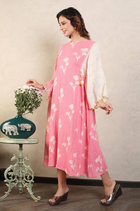 Shop_Falguni.Foram_Pink Gabardine Tassels, Cut Work Boat Neck Floral Print Kaftan Dress _at_Aza_Fashions