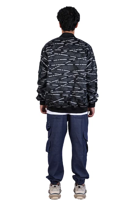 Shop_Theorem_Black Polyester Work In Progress Tape Patchworked Jacket _at_Aza_Fashions