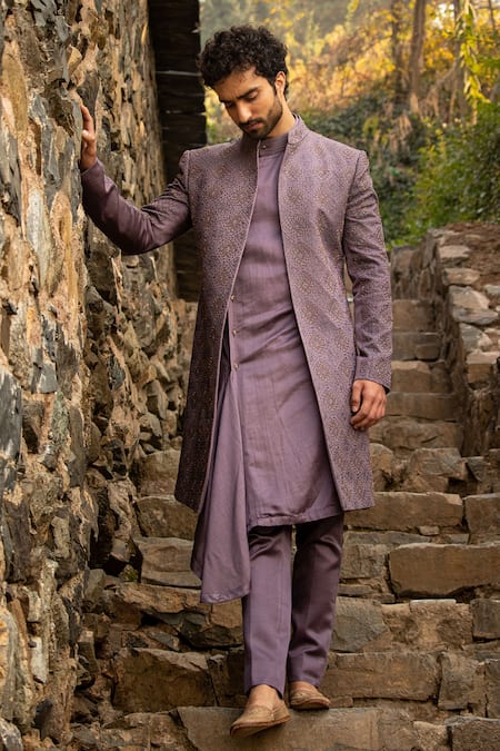 Shop Jatin Malik Purple Linen, Silk Embroidery Jamawar Sherwani Set at Aza Fashions Shop_Jatin Malik_Purple Linen, Silk Embroidery Jamawar Sherwani Set _at_Aza_Fashions