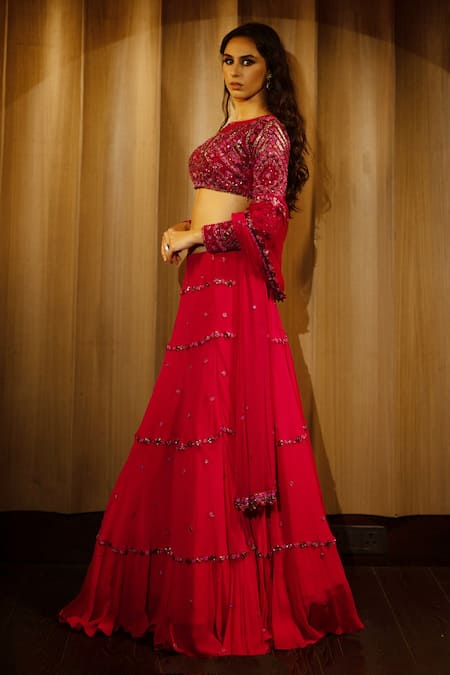 Shop_Richa Jaisinghani Label_Pink Tulle And Georgette Sequin & Bugle Beads Round Tiered Lehenga Set _at_Aza_Fashions