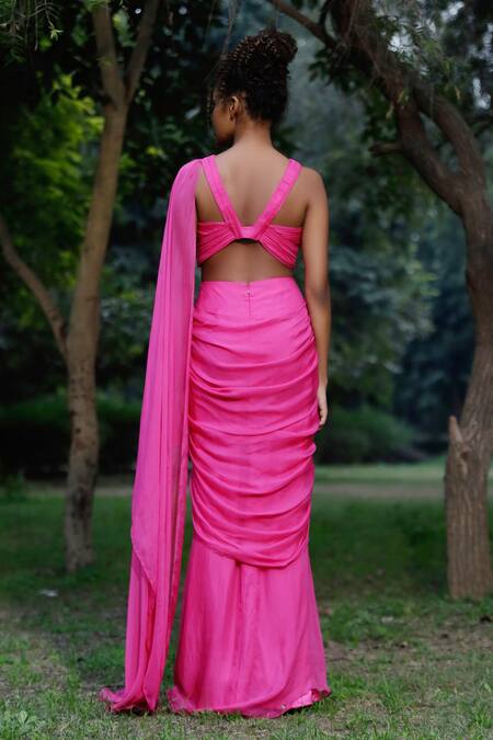 Shop Zwaan Pink Chiffon, Satin V-neck Draped Bodice Gown at Aza Fashions Shop_Zwaan_Pink Chiffon, Satin V-neck Draped Bodice Gown_at_Aza_Fashions