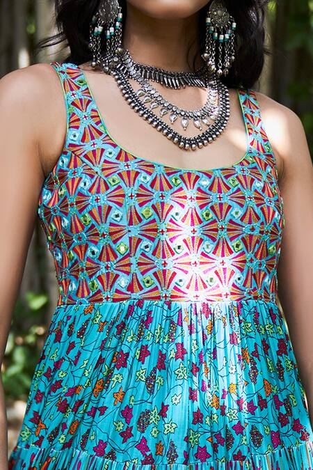 Buy_Punit Balana_Blue Satin Silk U Neck Printed Tiered Gown _Online_at_Aza_Fashions