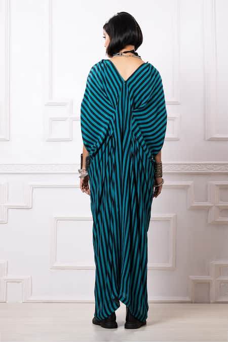 Shop Megha Garg Blue Sequins V-neck Printed Drape Kaftan Jumpsuit at Aza Fashions Shop_Megha Garg_Blue Sequins V-neck Printed Drape Kaftan Jumpsuit _at_Aza_Fashions
