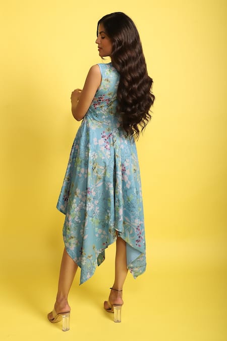 Shop_Aroop Shop India_Blue Chiffon V-neck Celile Flared Handkerchief Hem Dress _at_Aza_Fashions